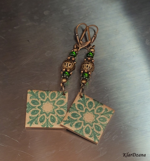 Náušnice Lace Cross korálky zelená náušnice zlatá visací polymery fimo dlouhé bronzová měděná vzor polymerové hmoty 