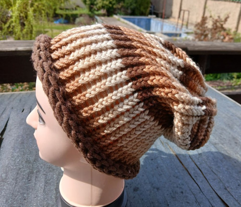 Pletená spadlá čepice hnědobéžová dárek zima žena zimní teplá muž 