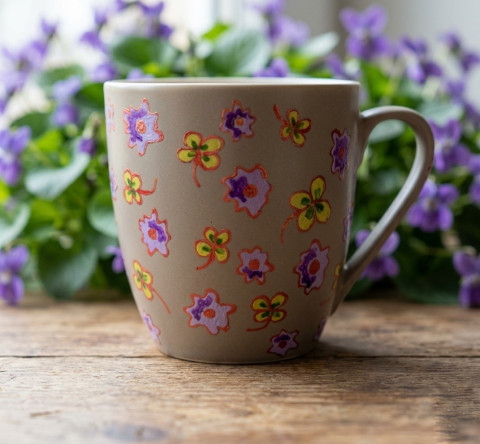 Velký hrnek čtyřlístkový zelená fialová béžová čtyřlístek na čaj kafáč velký hrnek čtyřlístkový ručně malovaný hrnek porcelánový hrnek malovaný hrneček se čtyřlístky fialové kvítky 