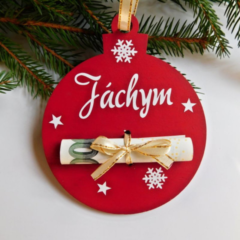 Dárková kapsa na peníze červená dřevo dřevěná dekorace dárek koule vánoce vánoční ozdoba peníze karta finance 