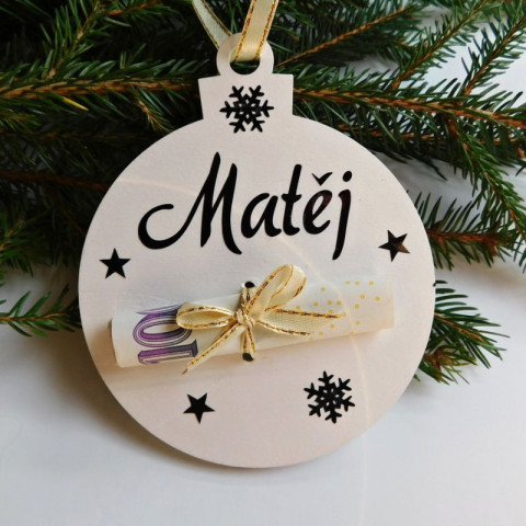 Dřevěná karta na peníze bílá dřevo dřevěná dekorace dárek koule vánoce vánoční ozdoba peníze karta finance 