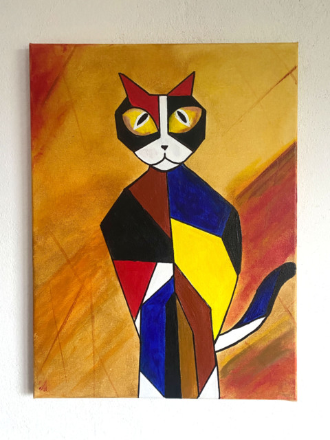 Kubistická kočka modrá obraz oranžová kočka žlutá barevná geometrický abstraktní kubismus 