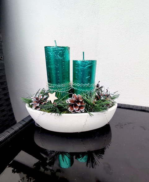 Vánoční svícen zelený vánoce svícen zelený elegantní svíčky vánoční miska aranžmá šišky sušené přírodniny beton 
