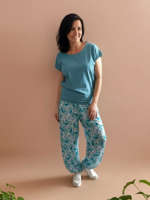 Dámské modré triko L/XL tunika halenka květy triko top tmavá 