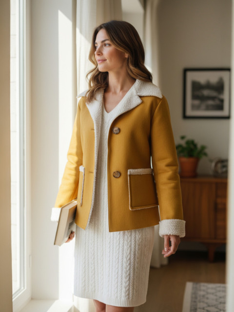 Dámské semišové sako hořčice-S jarní zimní sako kabát bunda kabátek kožich 