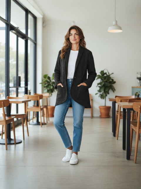 Dámský kabát prošev černý-M jarní zimní sako kabát bunda kabátek kožich 