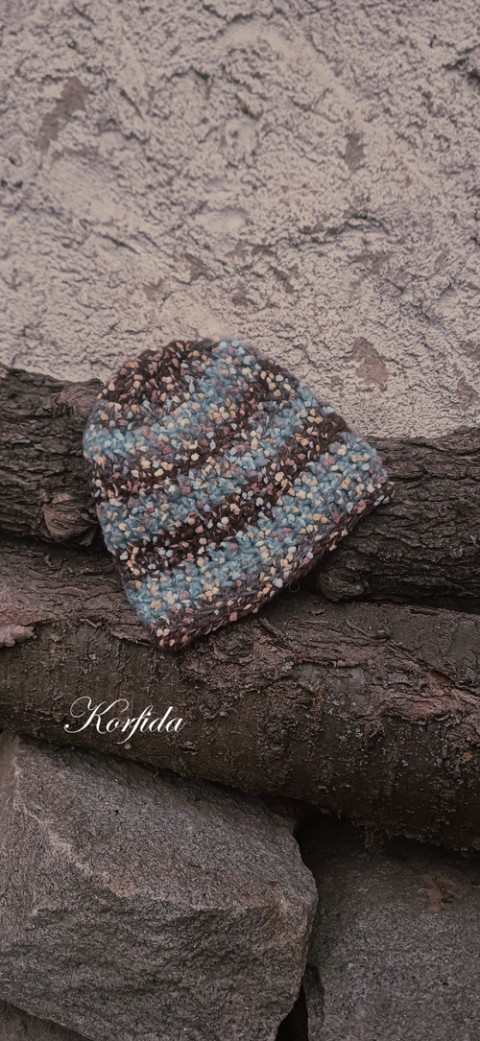 Čepice háčkovaná do hněda a modra modrá čepice jarní dívčí hnědá zimní akryl podzimní merino unisex melírovaná pánská chlapecká handmade polyester polyamid alpaca 