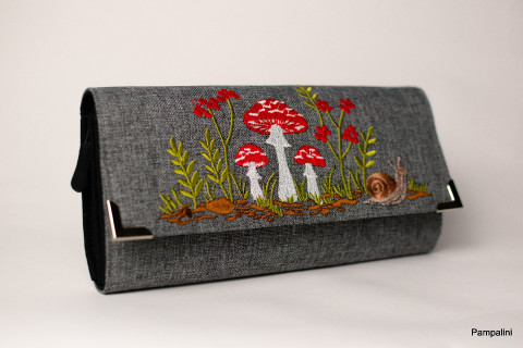 Houbičky na šedé kabelka originální dárek taška květina peněženka motýl květy dáreček výšivka kůže koruna peníze imitace nákupní nákupy karty dolar shopping euro 