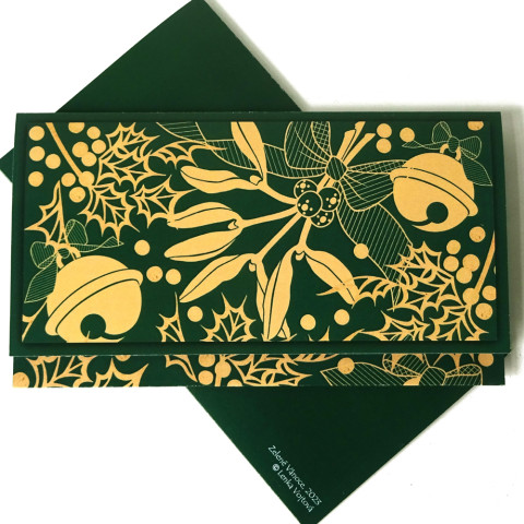 Darovací obálka - ZELENÉ VÁNOCE dárek zelená vánoce mašle bílá přání dáreček vánoční mašlička kapsička peníze okrová advent voucher obálka rolnička cesmína vstupenky jmeli 