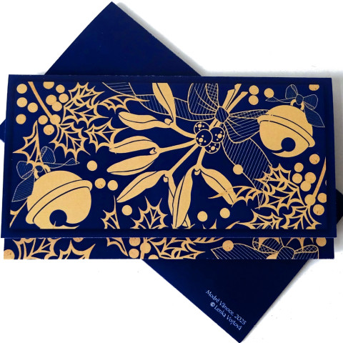 Darovací obálka - MODRÉ VÁNOCE dárek modrá vánoce mašle přání vánoční mašlička kapsička peníze okrová advent voucher obálka rolnička cesmína vstupenky jmeli 