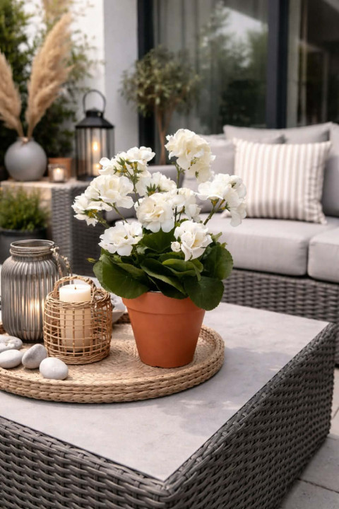 Bílé muškáty dekorace květiny umělé muškáty pelargonie na parapet 