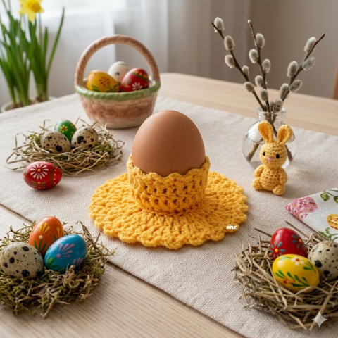 Stojánek na velikonoční vajíčko dekorace jarní žlutá jaro velikonoce ozdoba háčkované velikonoční kalíšek handmade na stůl stojánek na vajíčko obal na vajíčko 