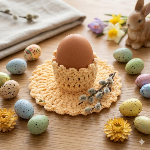 Stojánek na velikonoční vajíčko dekorace jarní žlutá jaro velikonoce ozdoba háčkované velikonoční kalíšek handmade na stůl stojánek na vajíčko obal na vajíčko 