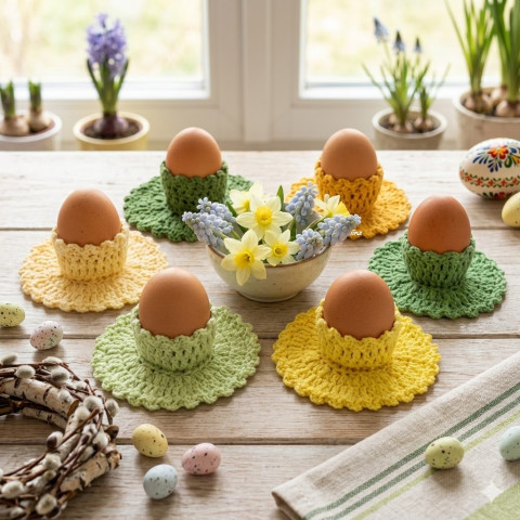 Sada obalů na velikonoční vajíčka dekorace zelená jarní sada žlutá jaro velikonoce ozdoba háčkované velikonoční kalíšek handmade na stůl stojánek na vajíčko obal na vajíčko 6ks 