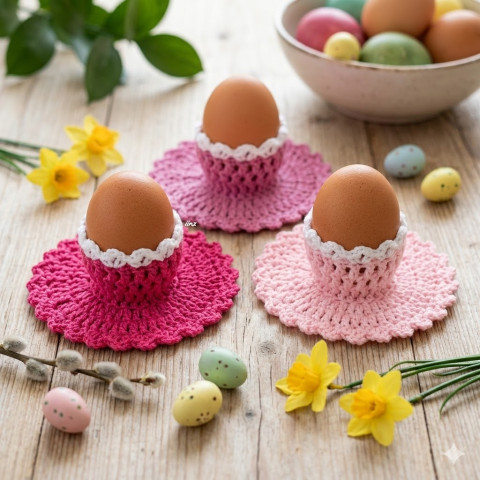 Sada obalů na velikonoční vajíčka dekorace růžová jarní sada jaro velikonoce ozdoba háčkované velikonoční kalíšek handmade na stůl stojánek na vajíčko obal na vajíčko 3ks 