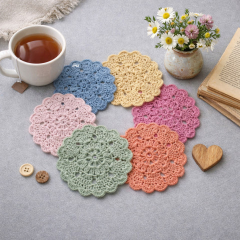 Prostírání - sada 6 ks srdíčko bavlna prostírání sada háčkované prostírka podložka ubrousek handmade podšálek polyester pod hrnek pod talíř různobarevné pod misku set.6ks 