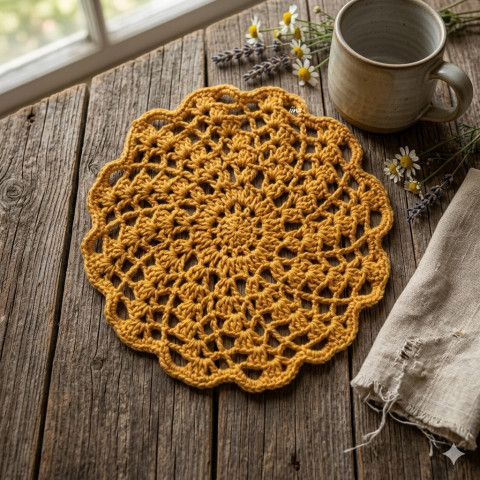 Prostírání bavlna prostírání háčkované akryl prostírka podložka ubrousek handmade podšálek hořčicová pod hrnek pod talíř pod misku 