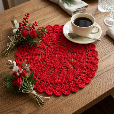 Háčkovaná dečka červená bavlna háčkované akryl prostírka dečka podložka ubrousek mandala handmade podšálek na stůl pod hrnek pod talíř pod misku 