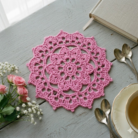 Prostírání růžová bavlna prostírání háčkované akryl prostírka podložka ubrousek handmade podšálek pod hrnek pod talíř pod misku 