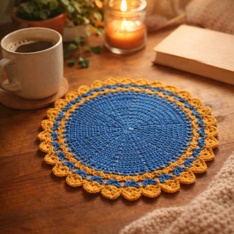 Háčkovaná dečka modrá bavlna háčkované akryl prostírka dečka podložka ubrousek mandala handmade podšálek hořčicová na stůl pod hrnek pod talíř pod misku 