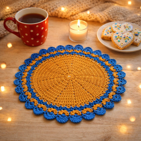 Háčkovaná dečka modrá bavlna háčkované akryl prostírka dečka podložka ubrousek mandala handmade podšálek hořčicová na stůl pod hrnek pod talíř pod misku 