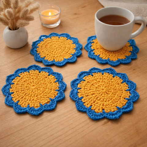 Prostírání modrá bavlna prostírání háčkované akryl prostírka podložka ubrousek handmade podšálek hořčicová pod hrnek pod talíř pod misku 