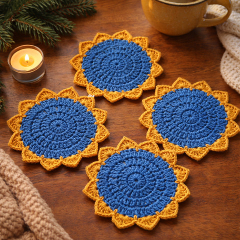 Prostírání modrá bavlna prostírání háčkované akryl prostírka podložka ubrousek handmade podšálek hořčicová pod hrnek pod talíř pod misku 