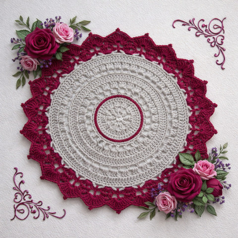 Háčkovaná dečka bavlna šedá háčkované akryl prostírka dečka podložka ubrousek vínová mandala handmade podšálek purpurová na stůl pod hrnek pod talíř pod misku 