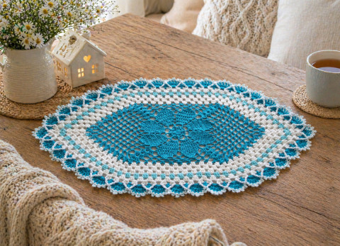 Háčkovaná dečka dekorace prostírání bílá tyrkysová háčkované prostírka stříbrná dečka celoroční handmade lurex na stůl dekorování 