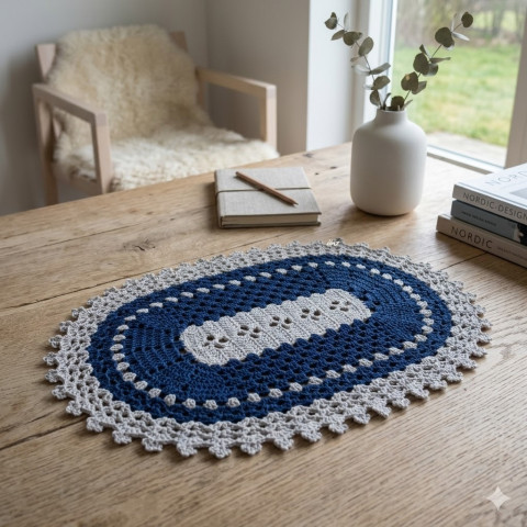 Háčkovaná dečka dekorace prostírání šedá háčkované prostírka dečka ovál oválná tmavěmodrá celoroční handmade na stůl dekorování 