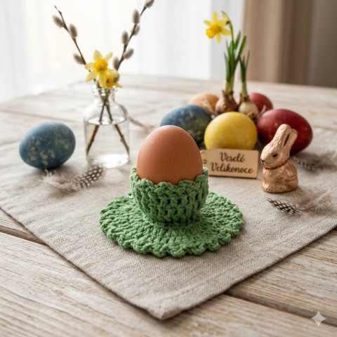 Stojánek na velikonoční vajíčko dekorace zelená jarní jaro velikonoce ozdoba háčkované velikonoční kalíšek handmade na stůl stojánek na vajíčko obal na vajíčko 