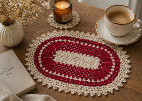 Háčkovaná dečka červená dekorace prostírání béžová háčkované prostírka dečka ovál oválná celoroční handmade na stůl dekorování 