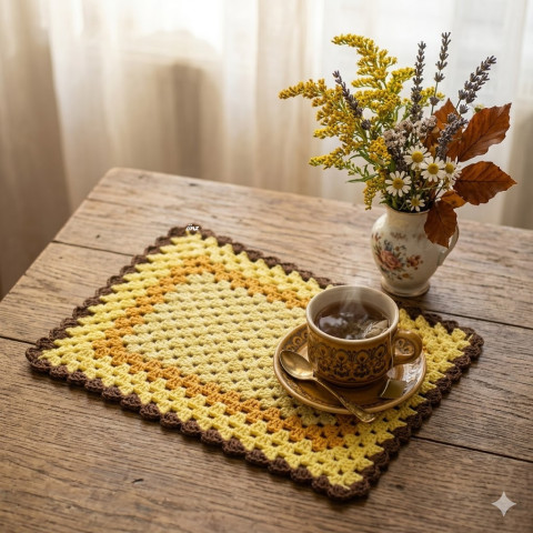 Háčkovaná dečka bavlna hnědá žlutá háčkované akryl prostírka dečka handmade hořčicová 