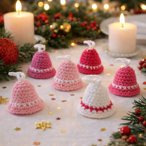 Háčkované zvonečky - sada dekorace vánoce růžová bílá háčkovaný sada zvonek ozdoba handmade vánoční ozdoba 