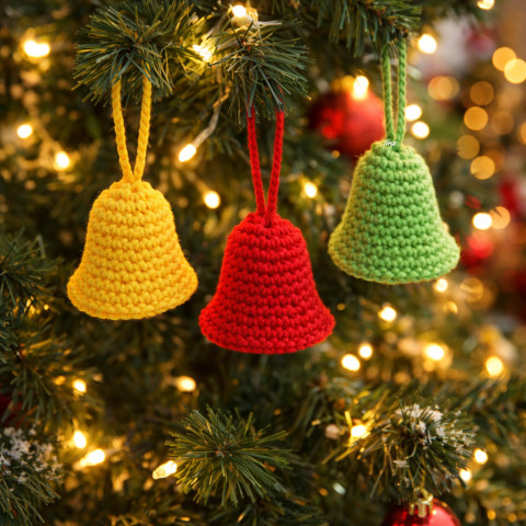 Háčkované zvonečky - sada červená dekorace zelená vánoce háčkovaný sada zvonek žlutá ozdoba handmade vánoční ozdoba 