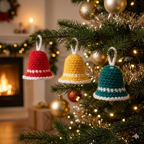 Háčkované zvonečky - sada červená dekorace zelená vánoce bílá háčkovaný sada zvonek žlutá ozdoba handmade vánoční ozdoba 