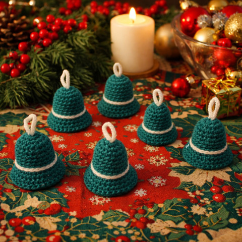 Háčkované zvonečky - sada dekorace zelená vánoce bílá háčkovaný zvonek ozdoba handmade vánoční ozdoba 