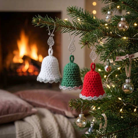 Háčkované zvonečky - sada červená dekorace zelená vánoce bílá háčkovaný zvonek ozdoba stříbrná handmade vánoční ozdoba 