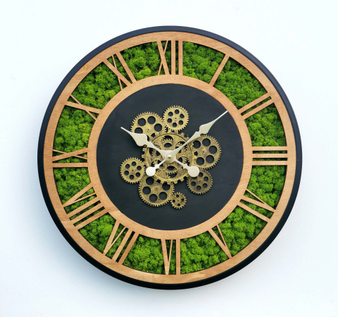 Mechové hodiny 55 cm dekorace zelené nástěnné mechové hodiny sobí mech 