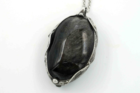 Stříbřitá noc (obsidián stříbrný) náhrdelník přívěsek stříbrný cín chirurgická ocel obsidián přívěs amulet mosaz řetízek 316l 