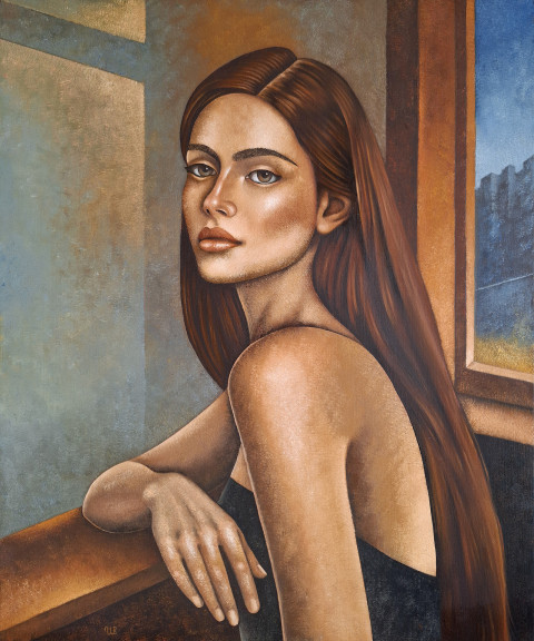 Blue Beyond portrét modrá obraz žena hnědá béžová olejomalba art deco olej na plátně moderní interiér originální obraz ženský portrét figurativní malba moderní obraz současné umění eugene ivanov 