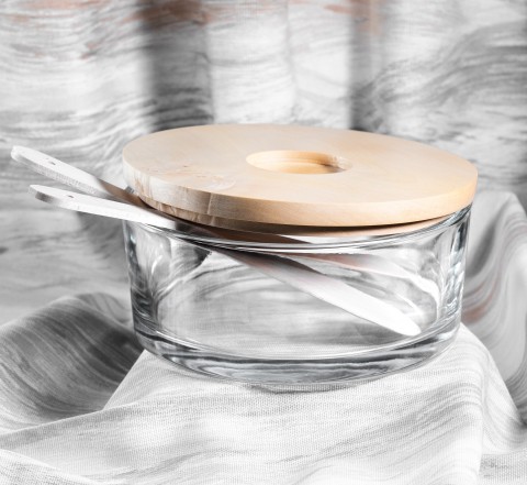 Skleněná mísa s dřevěným záklopem dřevo sklo design kuchyně mísa s 