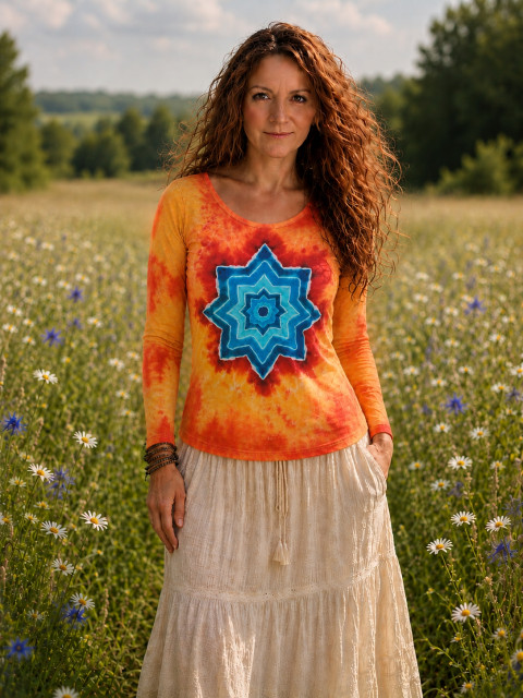Batik. tričko M/L - V jiné galaxii moře oranžová hvězda léto mandala hippie batikované bohémské 