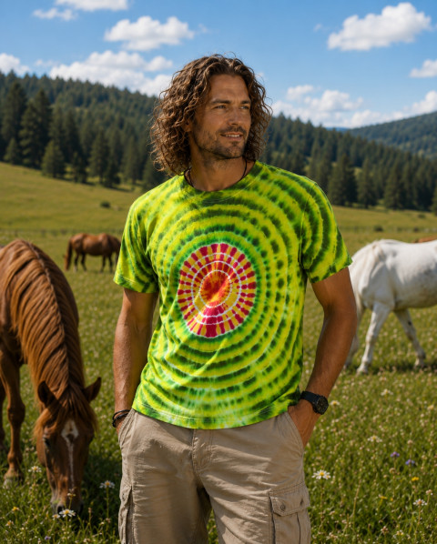 Batikované tričko  - Jaro na louce zelená louka léto slunce mandala hippies boho bohémské 