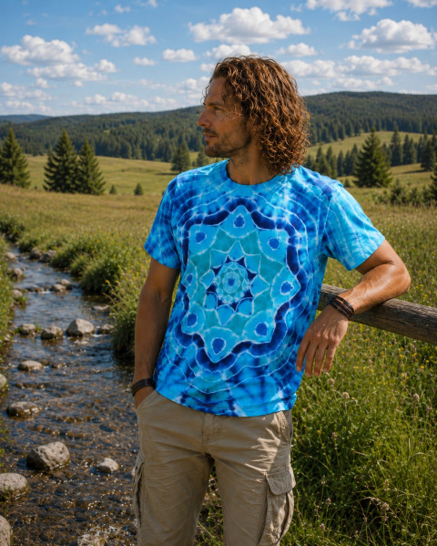 Batik. tričko M -Poklad na dně moře moře modrá léto mandala hippie batikované bohémské 