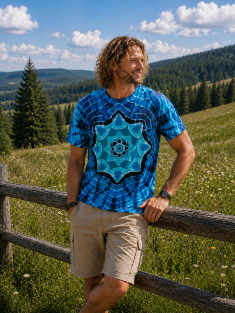 Batik. tričko XL -V moři blankytném moře modrá léto mandala hippie batikované bohémské 
