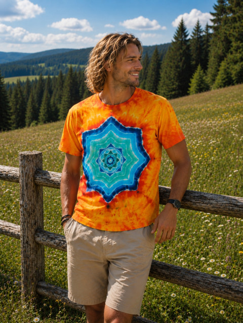 Batikované tričko 2XL - Supernova moře oranžová hvězda léto ohnivý mandala hippie batikované bohémské 