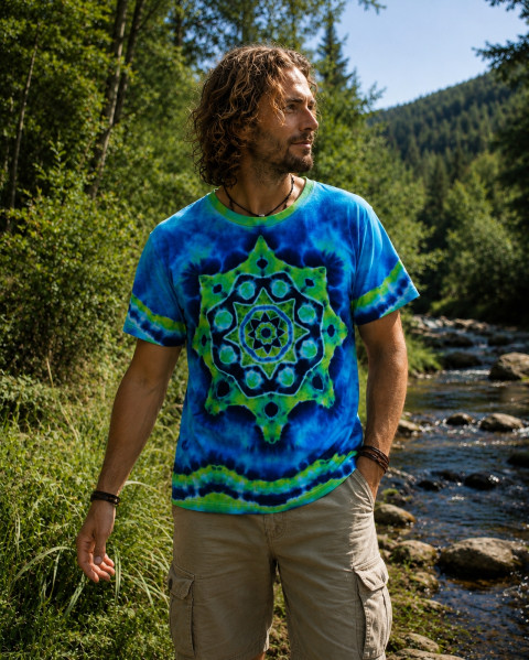Batikované tričko L - Poklad na dně moře modrá léto mandala hippie batikované bohémské 