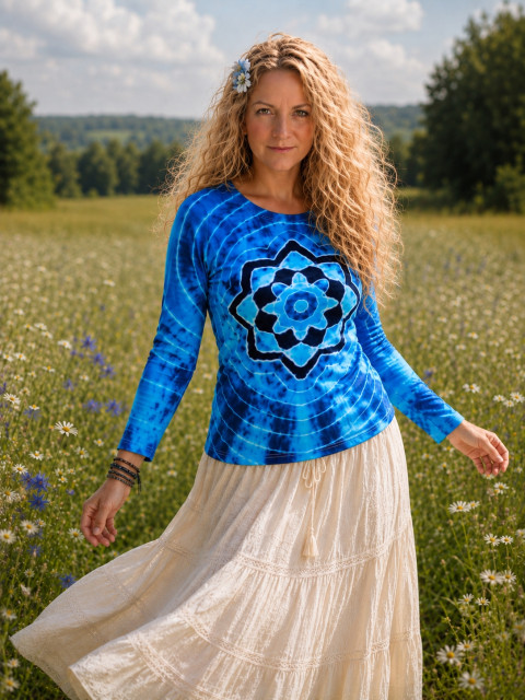 Batik. tričko L - Moře kvete moře modrá léto mandala hippie batikované bohémské 