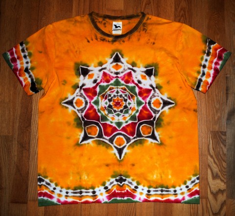 Batik.tričko XL - Podzim v lese oranžová batika žlutá léto lesní les mandala okrová hippie batikované boho 